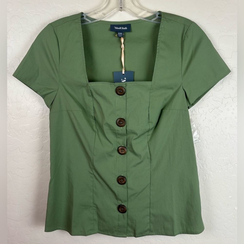 NEW ModCloth Cottage Curation Square Neck Top Cap Sleeve Green Size XXS 1342